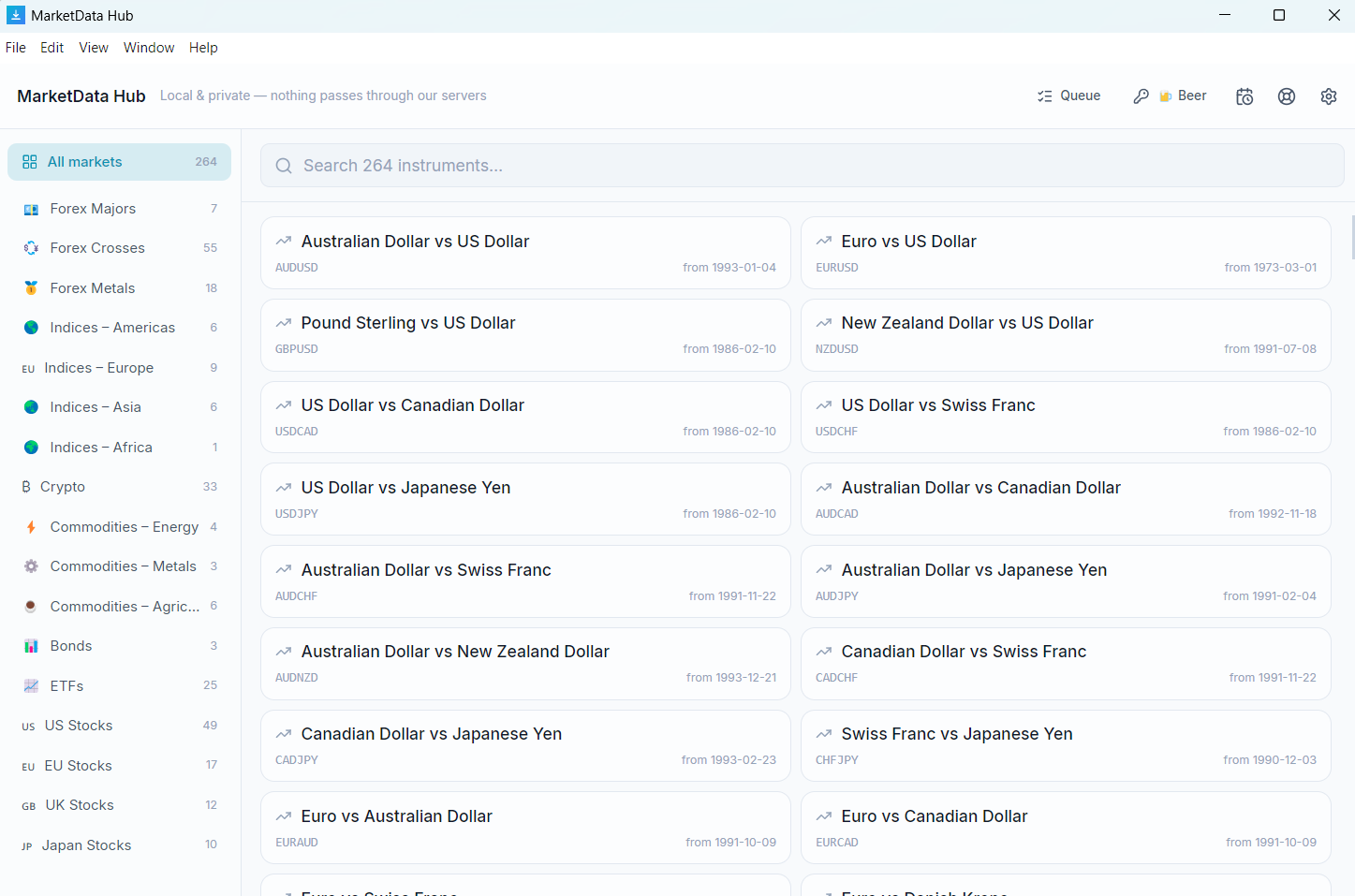 MarketData Hub desktop app showing the full instrument catalogue across forex, crypto, stocks, indices and commodities.