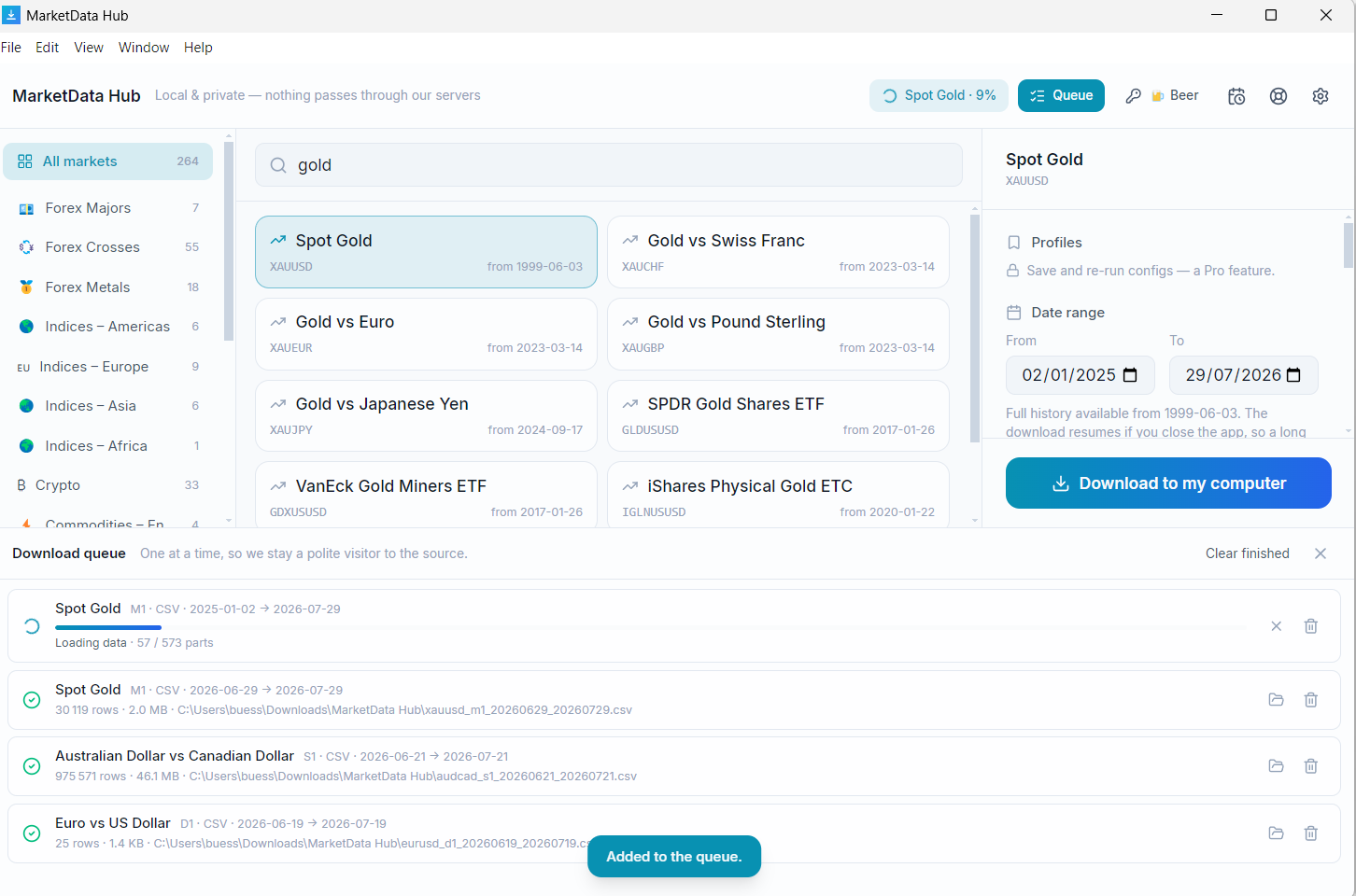 MarketData Hub fetching Spot Gold: a download queue with a live progress bar and finished jobs listed below.